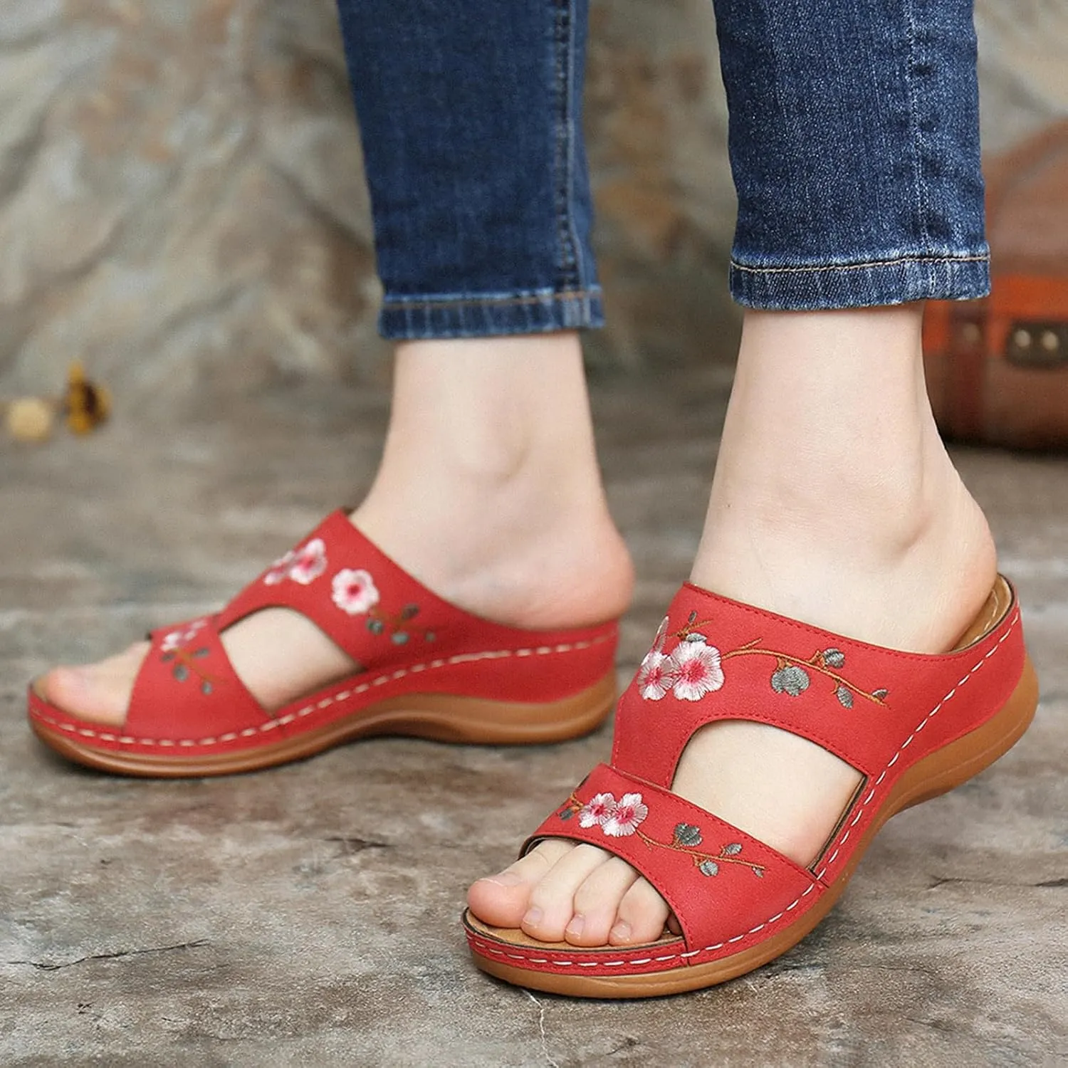 Wedge Sandals for Women Embroidered Orthopedic Sandals Womens Dressy Summer Platform Wedges, Casual Fish Mouth Open Toe Sandal Comfortable Slip on Walking Slippers