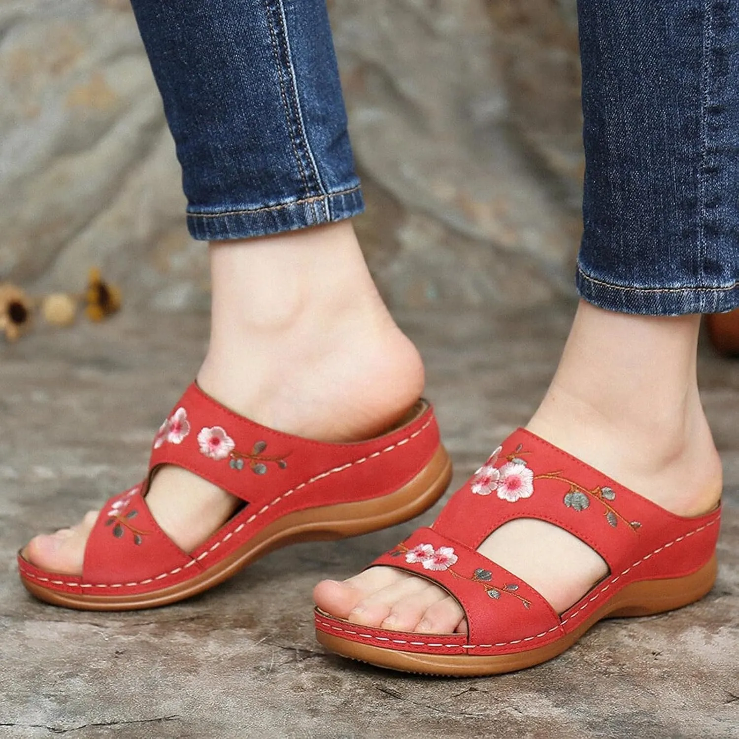 Wedge Sandals for Women Embroidered Orthopedic Sandals Womens Dressy Summer Platform Wedges, Casual Fish Mouth Open Toe Sandal Comfortable Slip on Walking Slippers