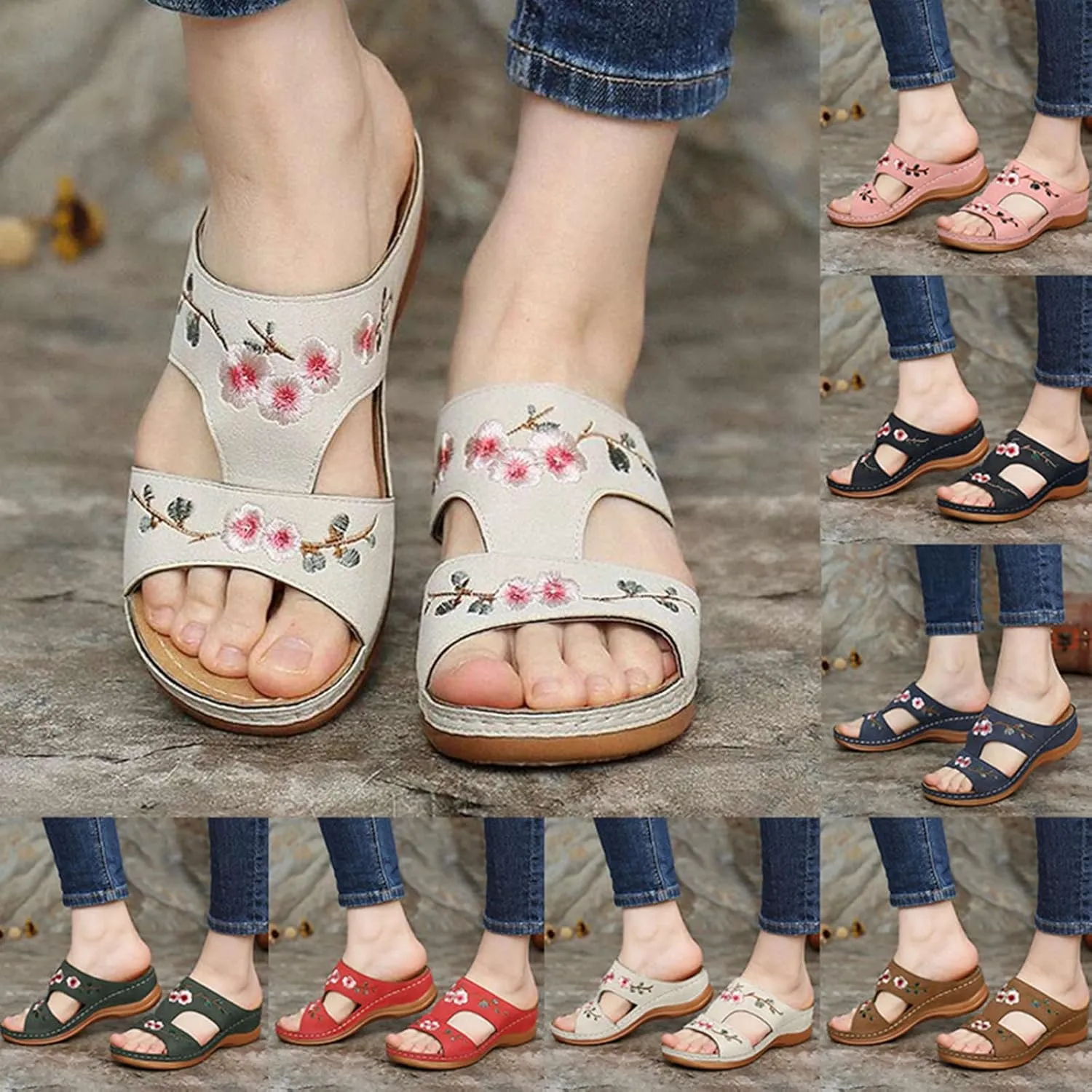 Wedge Sandals for Women Embroidered Orthopedic Sandals Womens Dressy Summer Platform Wedges, Casual Fish Mouth Open Toe Sandal Comfortable Slip on Walking Slippers