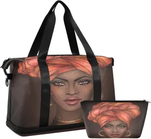 Weekender Bag for Women, African American Woman Black Gym Bag Sports Duffle Bag Travel Tote Bag with Toiletry Bag Shoes Compartment Dry/Wet Separation Swim Bag