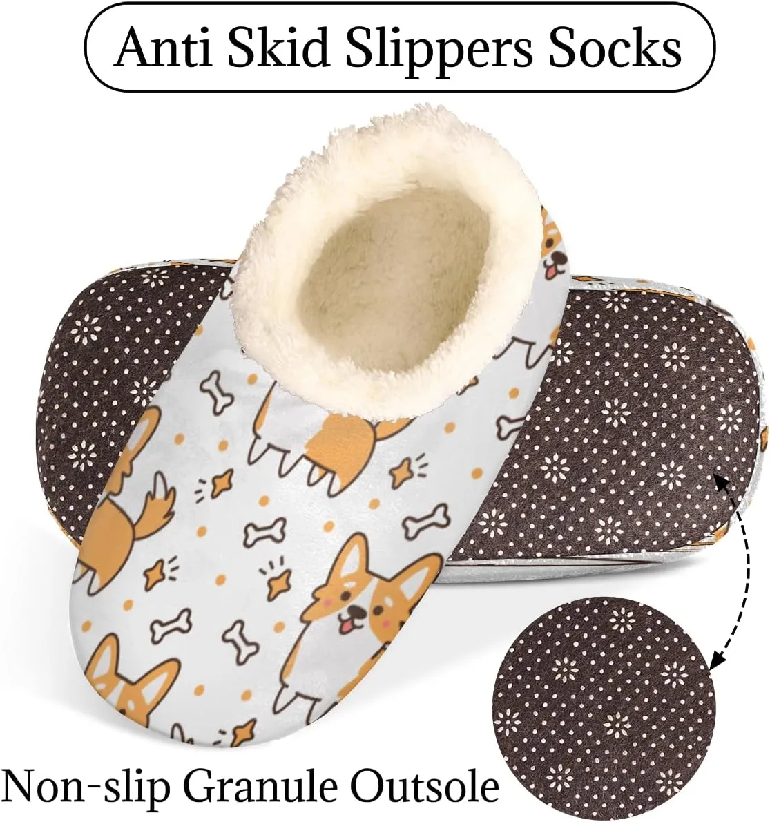 Welsh Corgi Bone Women's Slippers, Cute Dog Non-Slip House Slipper Socks, Plush Lined Slippers Shoes for Girls Boys Teens Indoor Bedroom