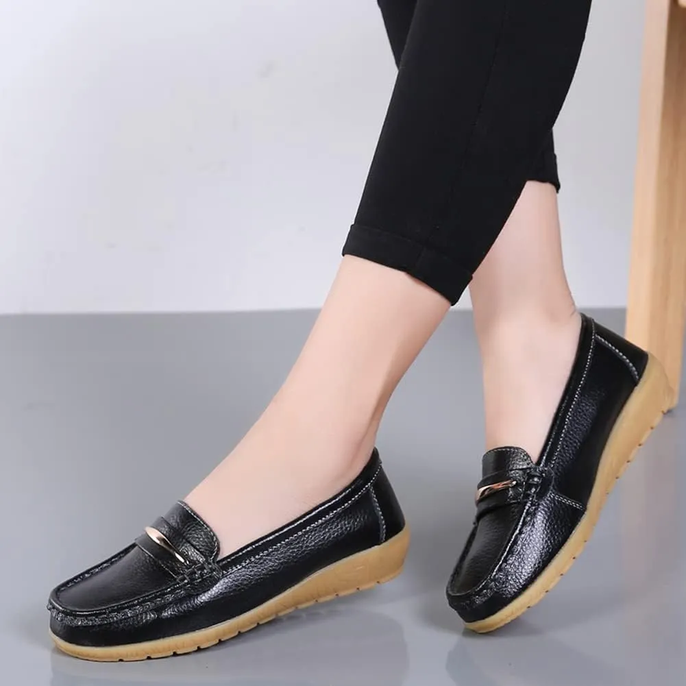 WERWAES Casual Penny Loafers for Women Moccasins Comfort Leather Mental Chain Classic Slip on Flats Breathable Walking Office Outdoor Womens Loafers