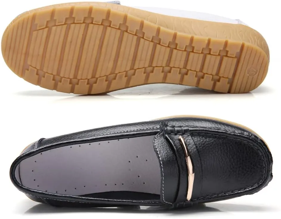 WERWAES Casual Penny Loafers for Women Moccasins Comfort Leather Mental Chain Classic Slip on Flats Breathable Walking Office Outdoor Womens Loafers