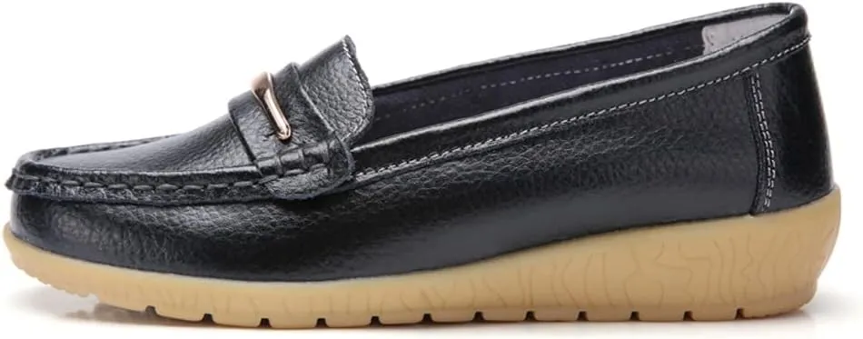 WERWAES Casual Penny Loafers for Women Moccasins Comfort Leather Mental Chain Classic Slip on Flats Breathable Walking Office Outdoor Womens Loafers