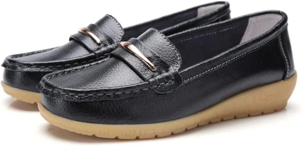 WERWAES Casual Penny Loafers for Women Moccasins Comfort Leather Mental Chain Classic Slip on Flats Breathable Walking Office Outdoor Womens Loafers