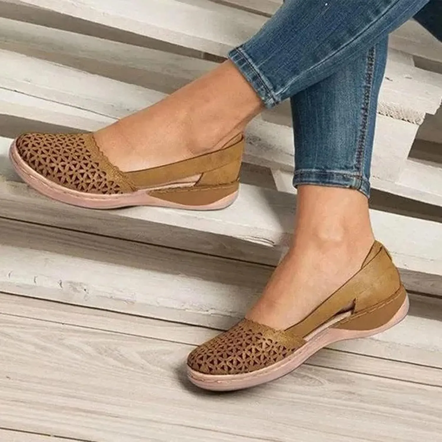 Wide Width Flats for Women Comfortable Closed Toe Casual Hollow Out Sandals Breathable Orthotic Wedge Sandals Arch Support Slip on Flats Lightweight Walking Beach Shoes