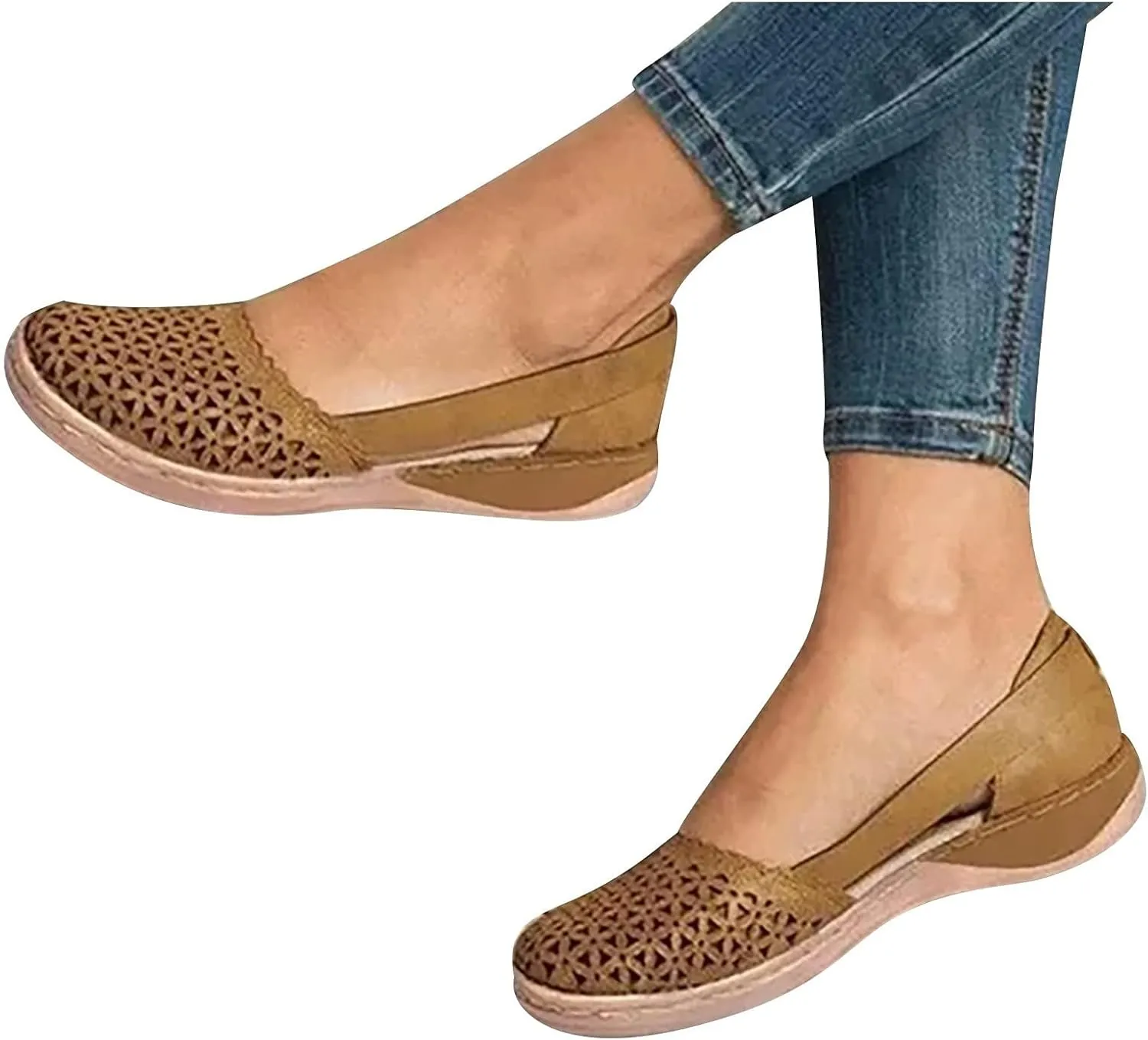 Wide Width Flats for Women Comfortable Closed Toe Casual Hollow Out Sandals Breathable Orthotic Wedge Sandals Arch Support Slip on Flats Lightweight Walking Beach Shoes
