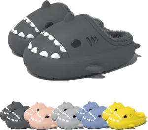Winter Cloud Slides Shark Slippers Adults Cartoon Fuzzy Slippers Nonslip Soft Comfy Home Slippers (Black,9.5,10.5,Men,8.5,9.5,Women,Medium)