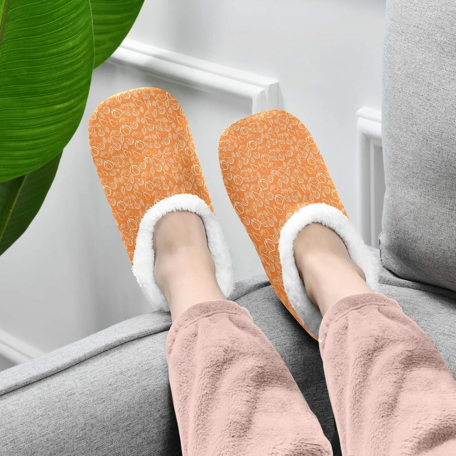 Winter House Slippers for Women/Men with Abstract Fruits Pattern Orange Element Cozy Fleece Slippers