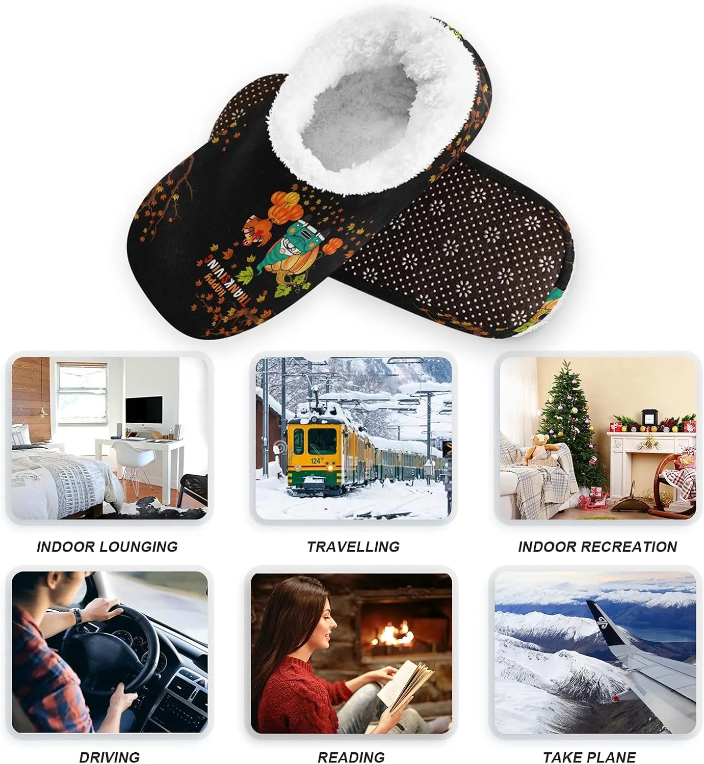 Winter House Slippers for Women/Men with Happy Thanksgiving Day Pattern Element Cozy Fleece Slippers
