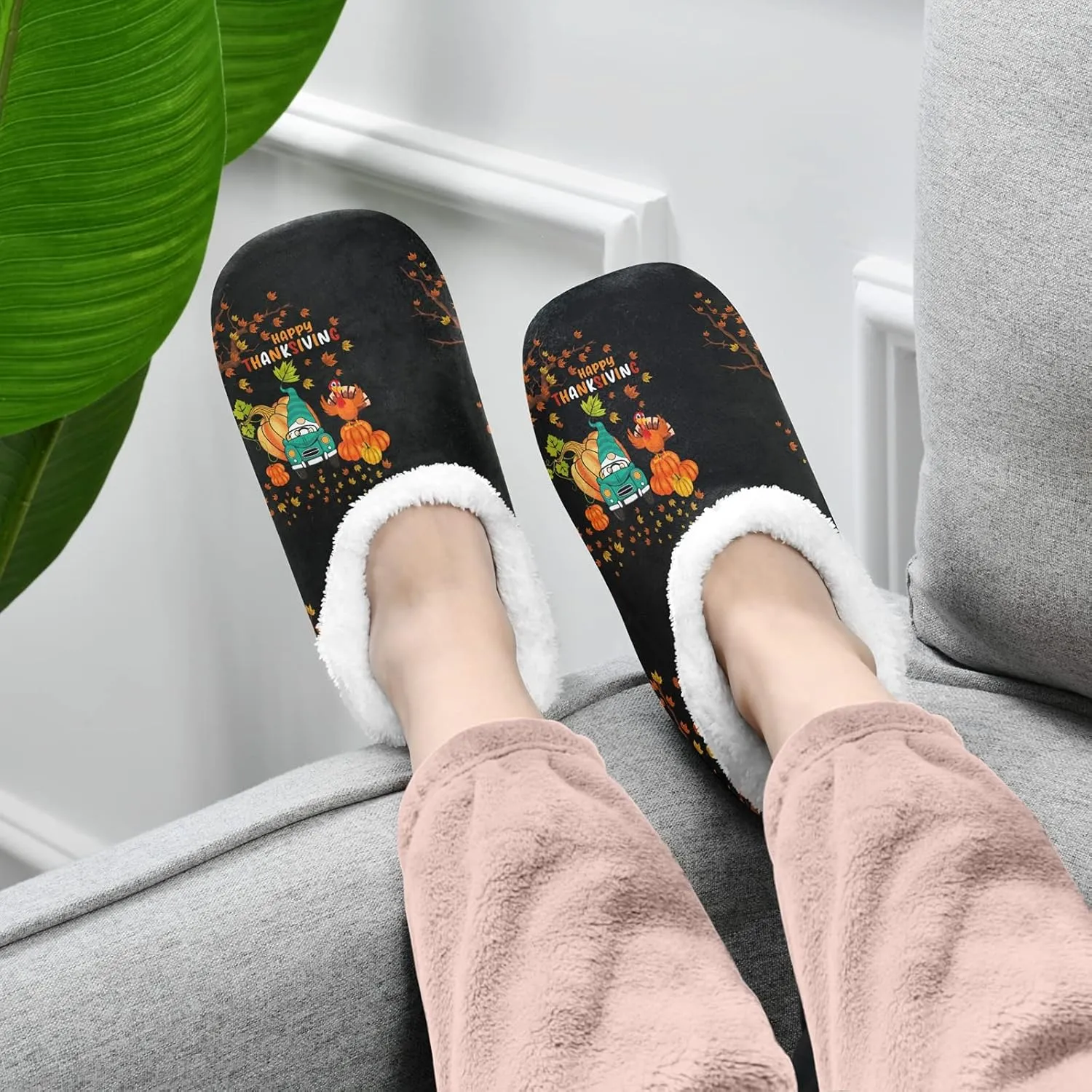 Winter House Slippers for Women/Men with Happy Thanksgiving Day Pattern Element Cozy Fleece Slippers