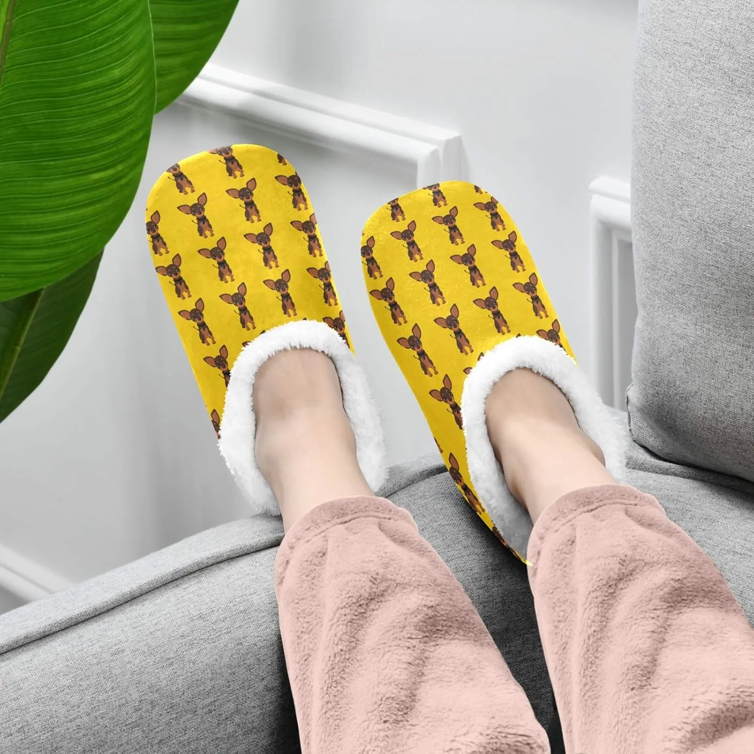 Winter House Slippers for Women/Men with Seamless Yellow Banana Pattern Element Cozy Fleece Slippers
