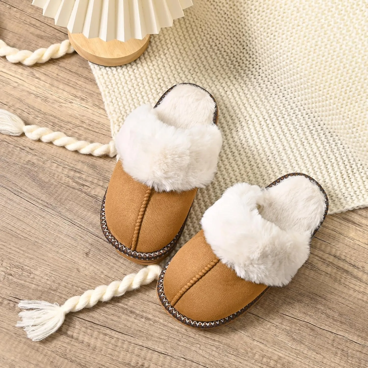 Winter Plush House Slippers for Women, Anti-Skid Cozy Warm with Faux Fur Collar Hard Sole Suede Shoes