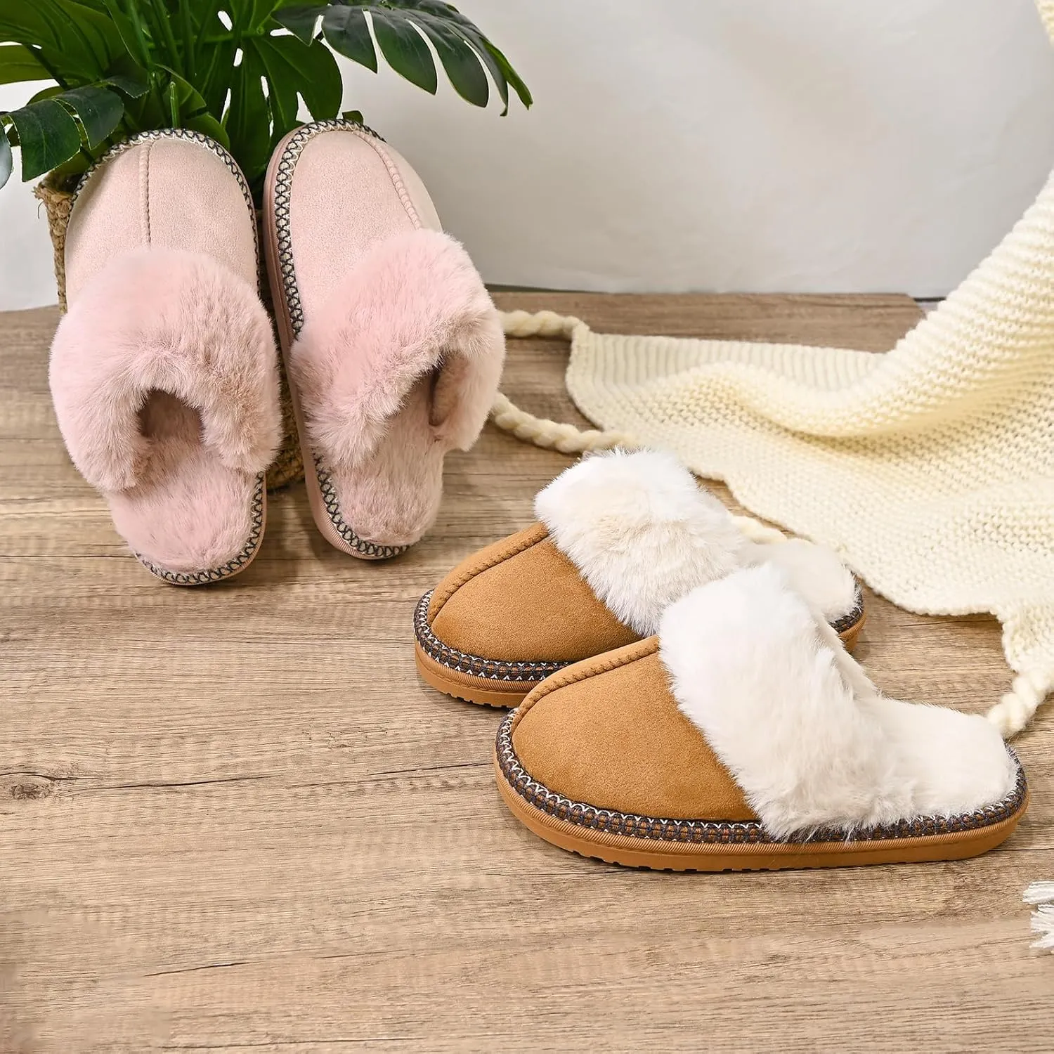 Winter Plush House Slippers for Women, Anti-Skid Cozy Warm with Faux Fur Collar Hard Sole Suede Shoes