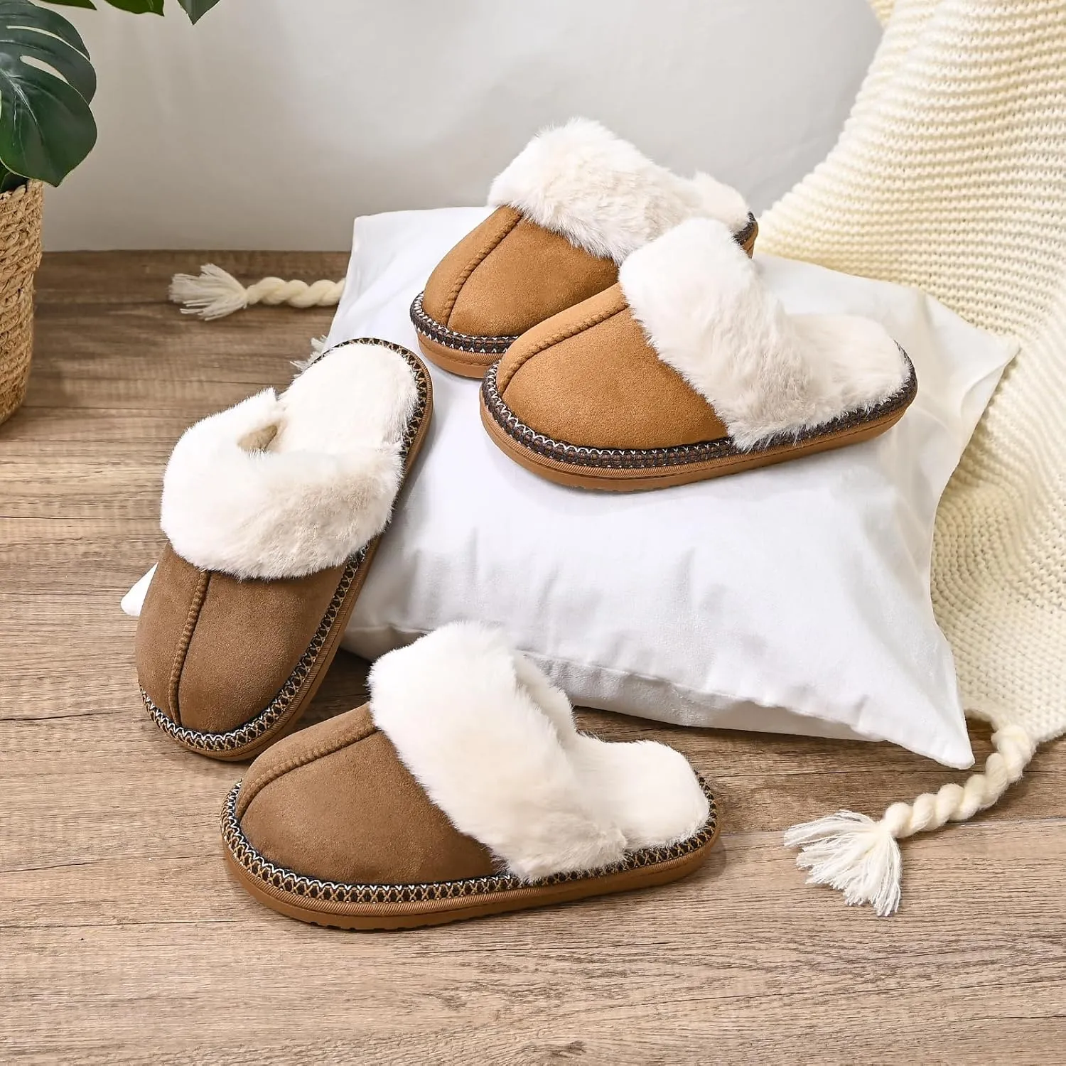 Winter Plush House Slippers for Women, Anti-Skid Cozy Warm with Faux Fur Collar Hard Sole Suede Shoes