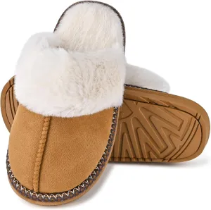 Winter Plush House Slippers for Women, Anti-Skid Cozy Warm with Faux Fur Collar Hard Sole Suede Shoes