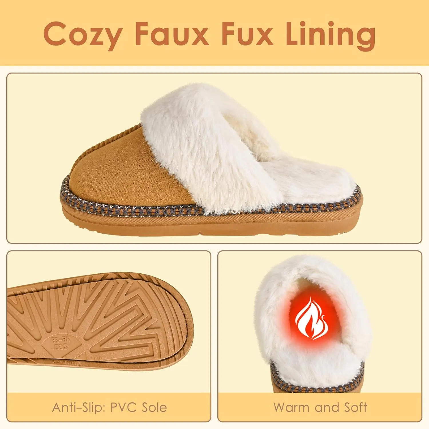 Winter Plush House Slippers for Women, Anti-Skid Cozy Warm with Faux Fur Collar Hard Sole Suede Shoes
