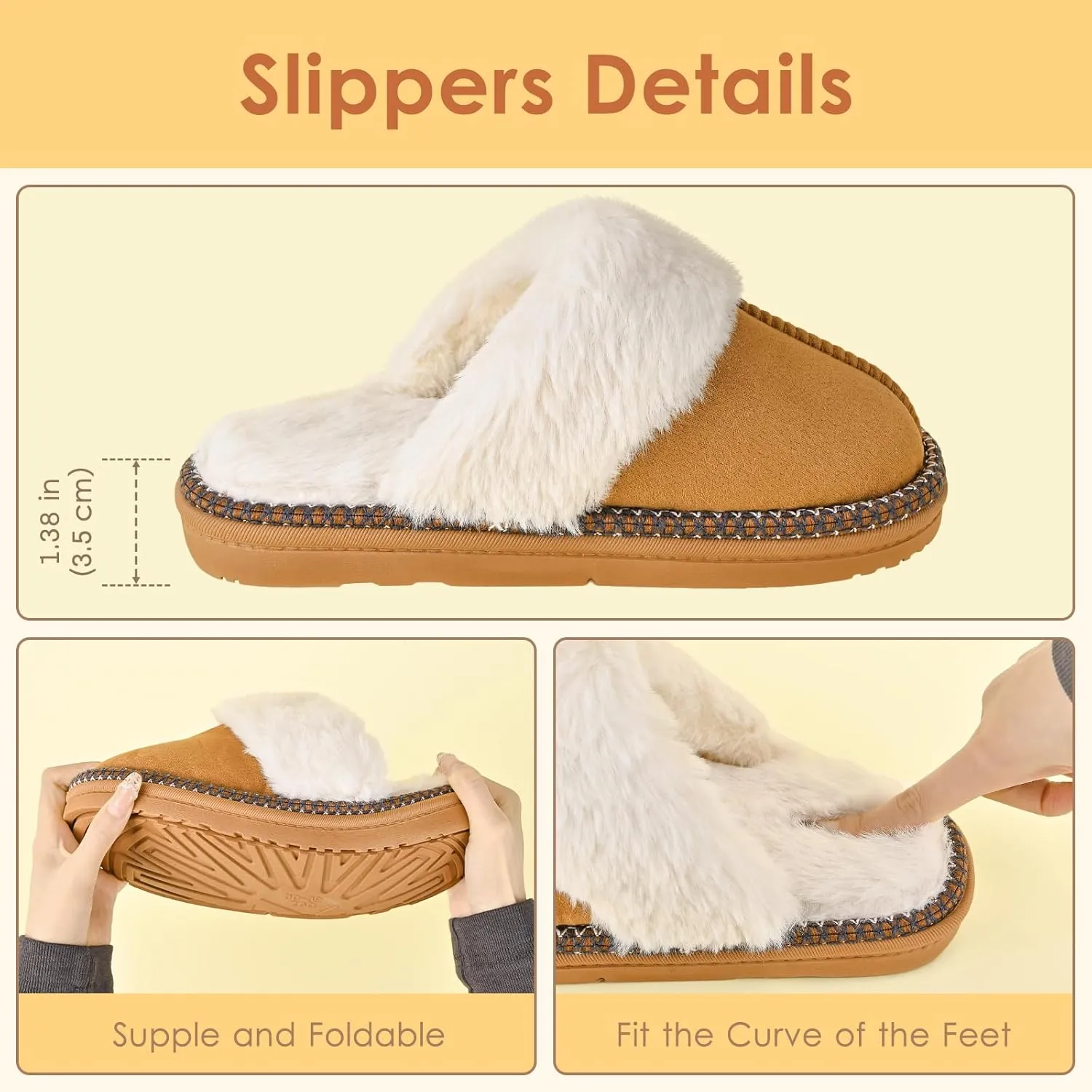 Winter Plush House Slippers for Women, Anti-Skid Cozy Warm with Faux Fur Collar Hard Sole Suede Shoes