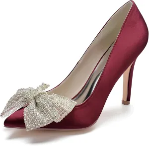 Women Bridal Slip on Wedding Shoes Open Toe Satin Pumps High Heel Rhinestone Bow Prom Shoes