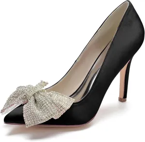 Women Bridal Slip on Wedding Shoes Open Toe Satin Pumps High Heel Rhinestone Bow Prom Shoes