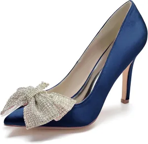 Women Bridal Slip on Wedding Shoes Open Toe Satin Pumps High Heel Rhinestone Bow Prom Shoes