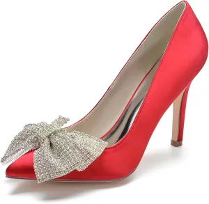 Women Bridal Slip on Wedding Shoes Open Toe Satin Pumps High Heel Rhinestone Bow Prom Shoes