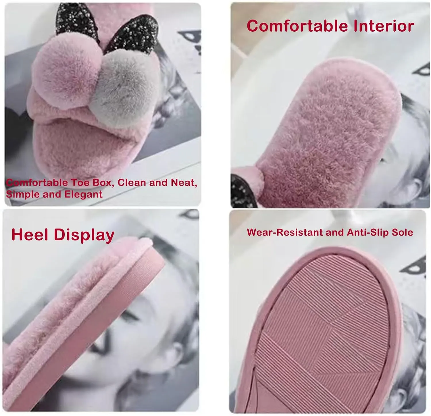 Women Cute Rabbit Ear Plush Fur Slippers Shiny Girl Cozy Bunny Slipper Non-Slip Fuzzy Indoor Bedroom
