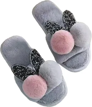 Women Cute Rabbit Ear Plush Fur Slippers Shiny Girl Cozy Bunny Slipper Non-Slip Fuzzy Indoor Bedroom