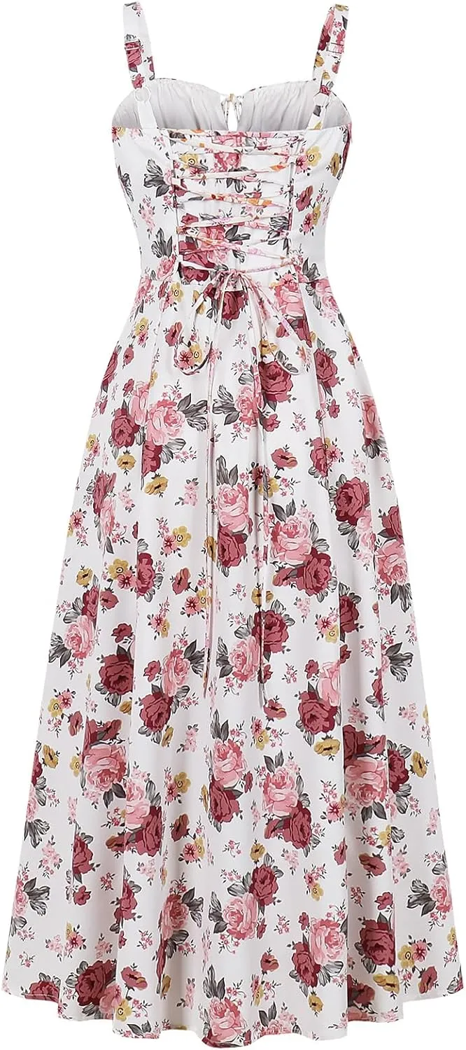 Women Floral Corset Dress, Boho Summer Spaghetti Straps Square Neck Casual Midi Dress Flowy Slit Bustier Dresses