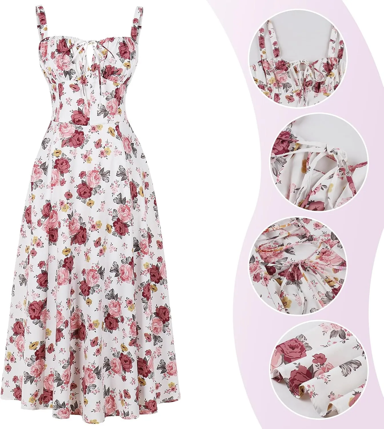 Women Floral Corset Dress, Boho Summer Spaghetti Straps Square Neck Casual Midi Dress Flowy Slit Bustier Dresses