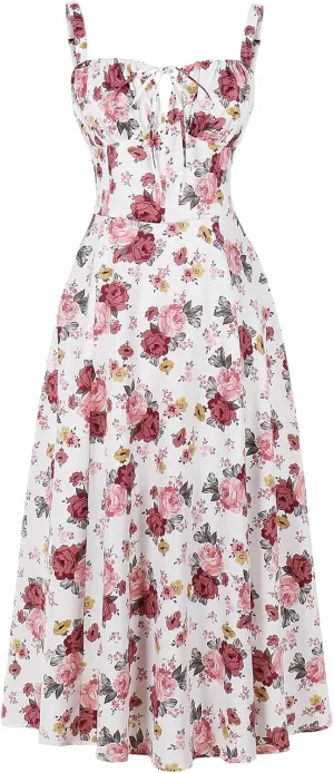 Women Floral Corset Dress, Boho Summer Spaghetti Straps Square Neck Casual Midi Dress Flowy Slit Bustier Dresses
