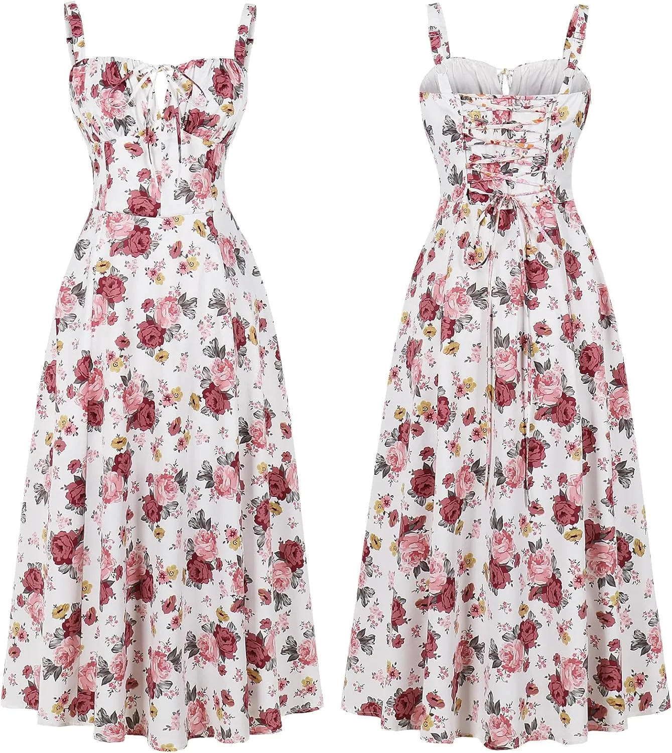 Women Floral Corset Dress, Boho Summer Spaghetti Straps Square Neck Casual Midi Dress Flowy Slit Bustier Dresses