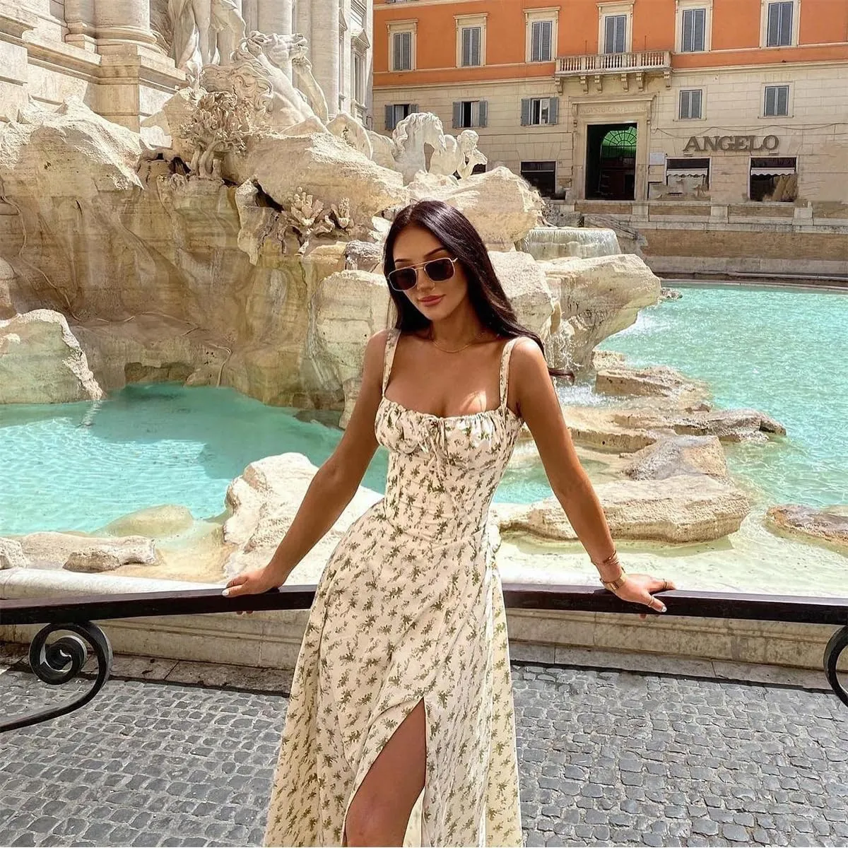 Women Floral Corset Dress, Boho Summer Spaghetti Straps Square Neck Casual Midi Dress Flowy Slit Bustier Dresses