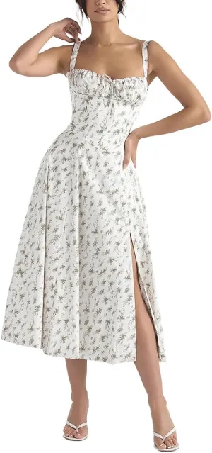 Women Floral Corset Dress, Boho Summer Spaghetti Straps Square Neck Casual Midi Dress Flowy Slit Bustier Dresses