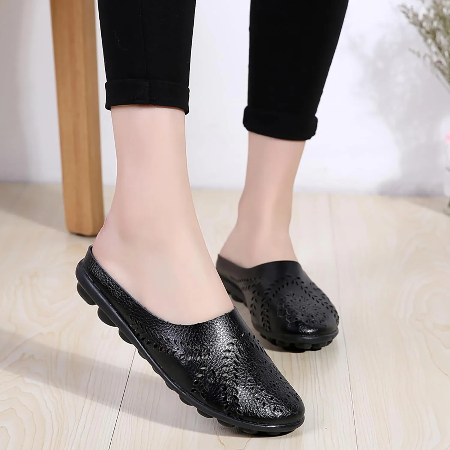 Women Hollow Breathable Flats Summer Slippers Slip-on Round Toe Non-Slip Softsole Lightweight Comfortable Dressy Loafer
