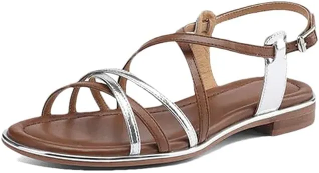 Women Sandals Split Leather Round Toe Low Heels Non-Slip Sole Gladiator Style With Buckle Strap Sandals