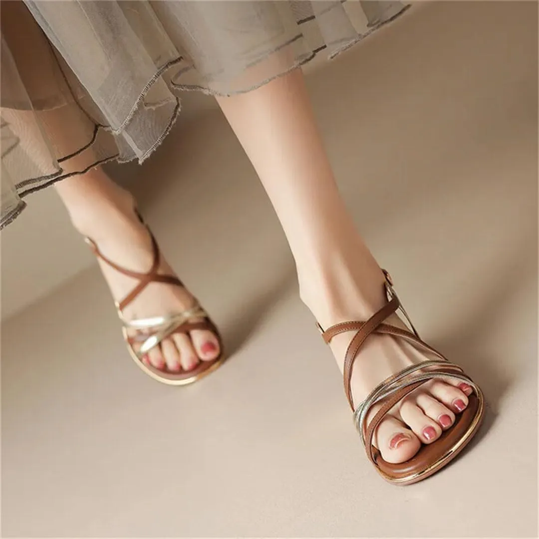 Women Sandals Split Leather Round Toe Low Heels Non-Slip Sole Gladiator Style With Buckle Strap Sandals