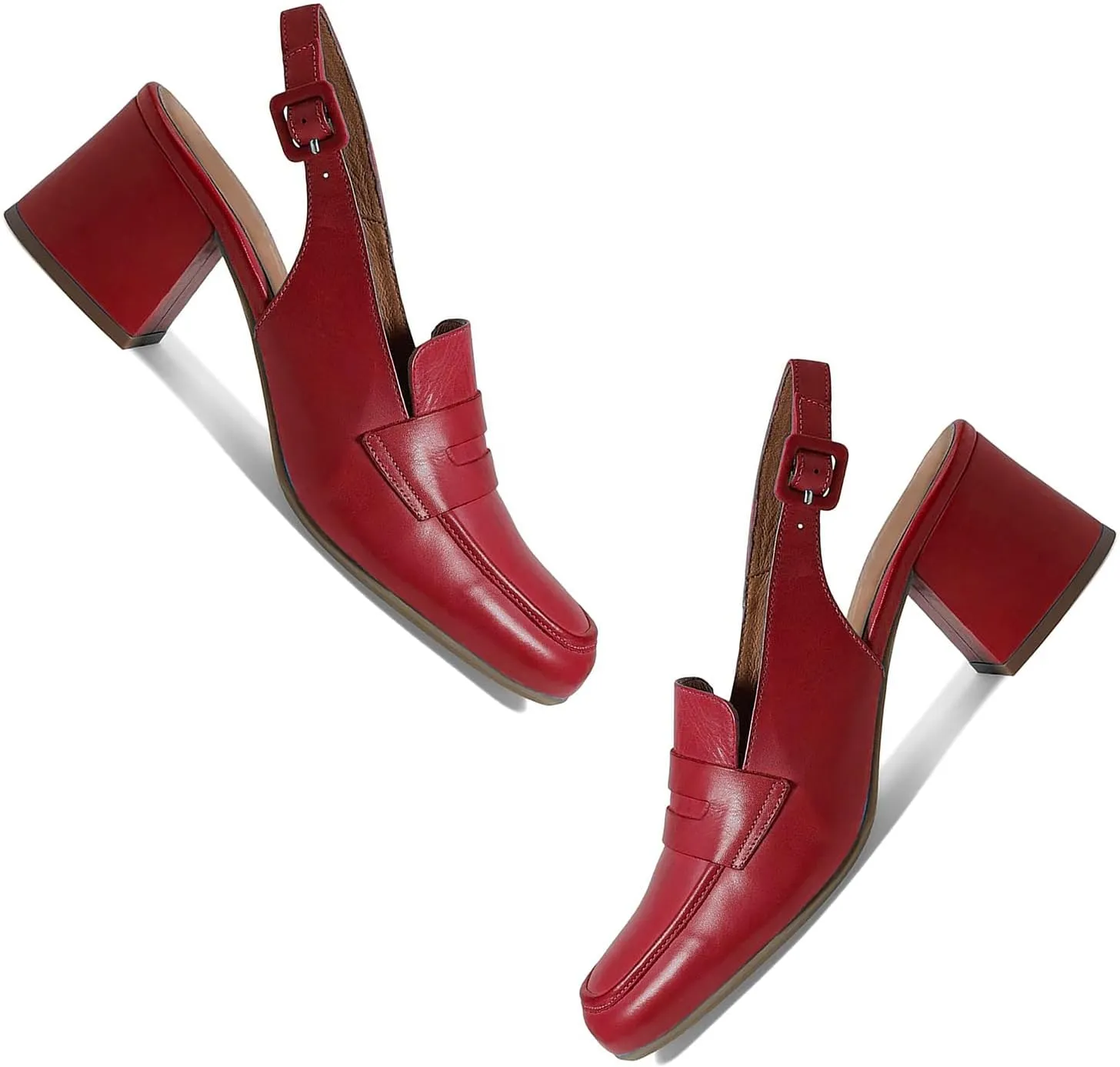 Women Slingback Loafers Chunky Heel Square Toe Dress Shoes Slingback 2 inch Mid Block Heel Penny Loafers Slingback Pumps Sandals Buckle Strap Dressy Office Casual Retro Matte 4-11 M US