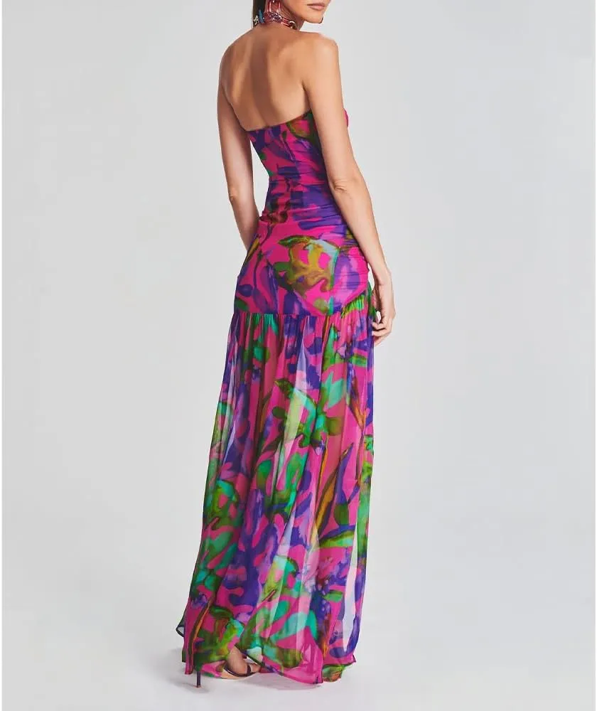 Women Tube Top Dress Tiger Stripe Mesh Patchwork Maxi Dress Strapless Sexy High Slit Long Dresses Party Clubwear