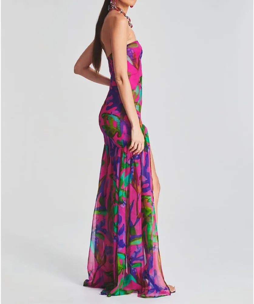 Women Tube Top Dress Tiger Stripe Mesh Patchwork Maxi Dress Strapless Sexy High Slit Long Dresses Party Clubwear
