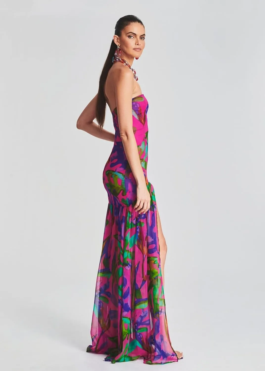 Women Tube Top Dress Tiger Stripe Mesh Patchwork Maxi Dress Strapless Sexy High Slit Long Dresses Party Clubwear