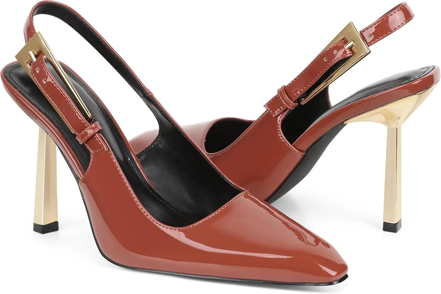 Women'S Backless Slingback, Patent Leather Metal Buckle Fashion Dress Pointed Toe Sandals Shoes Sexy 3.5 In Stiletto Heel Shoes
