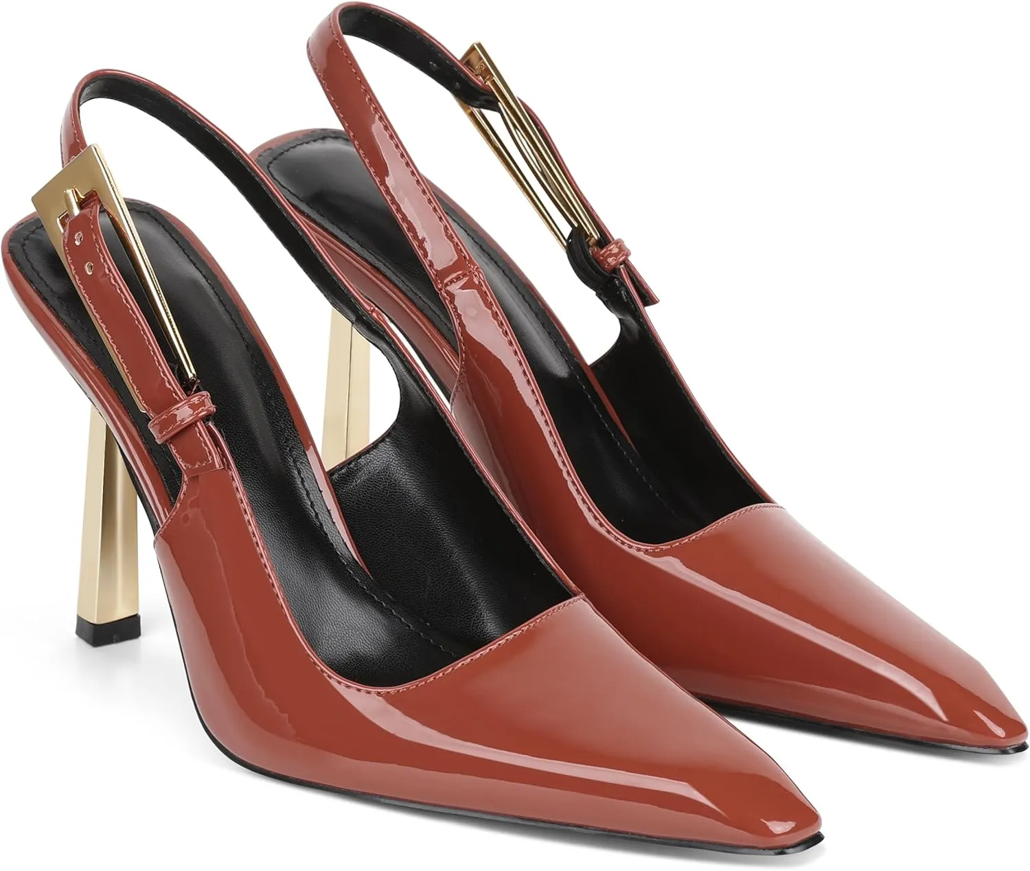 Women'S Backless Slingback, Patent Leather Metal Buckle Fashion Dress Pointed Toe Sandals Shoes Sexy 3.5 In Stiletto Heel Shoes