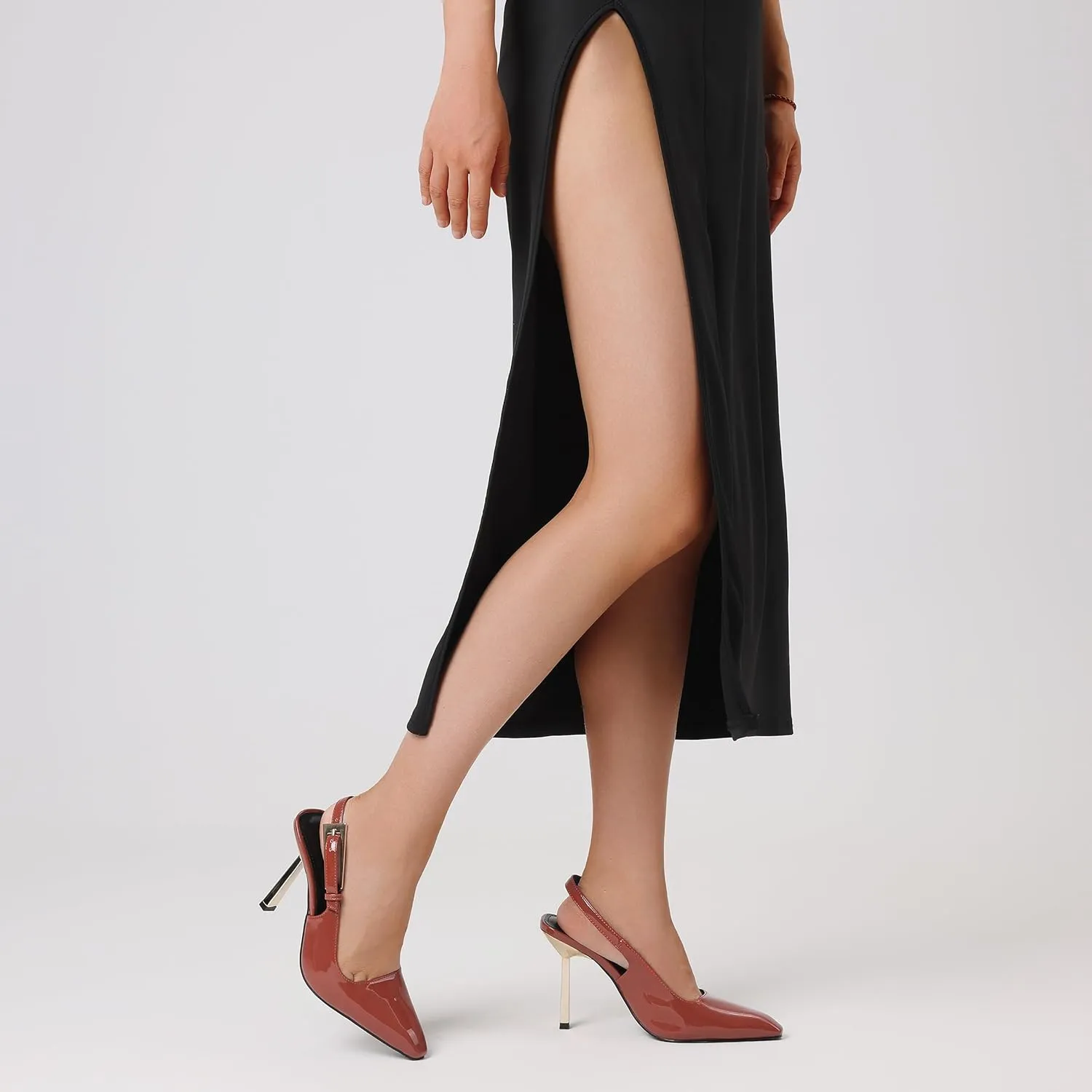 Women'S Backless Slingback, Patent Leather Metal Buckle Fashion Dress Pointed Toe Sandals Shoes Sexy 3.5 In Stiletto Heel Shoes