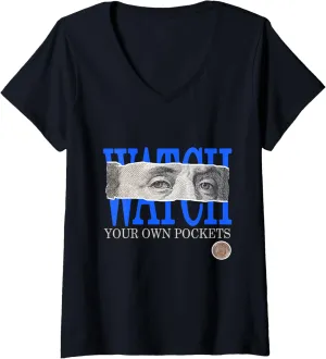 Womens Blue Watch Your Own Pockets Royal Blue Graphic V-Neck T-Shirt