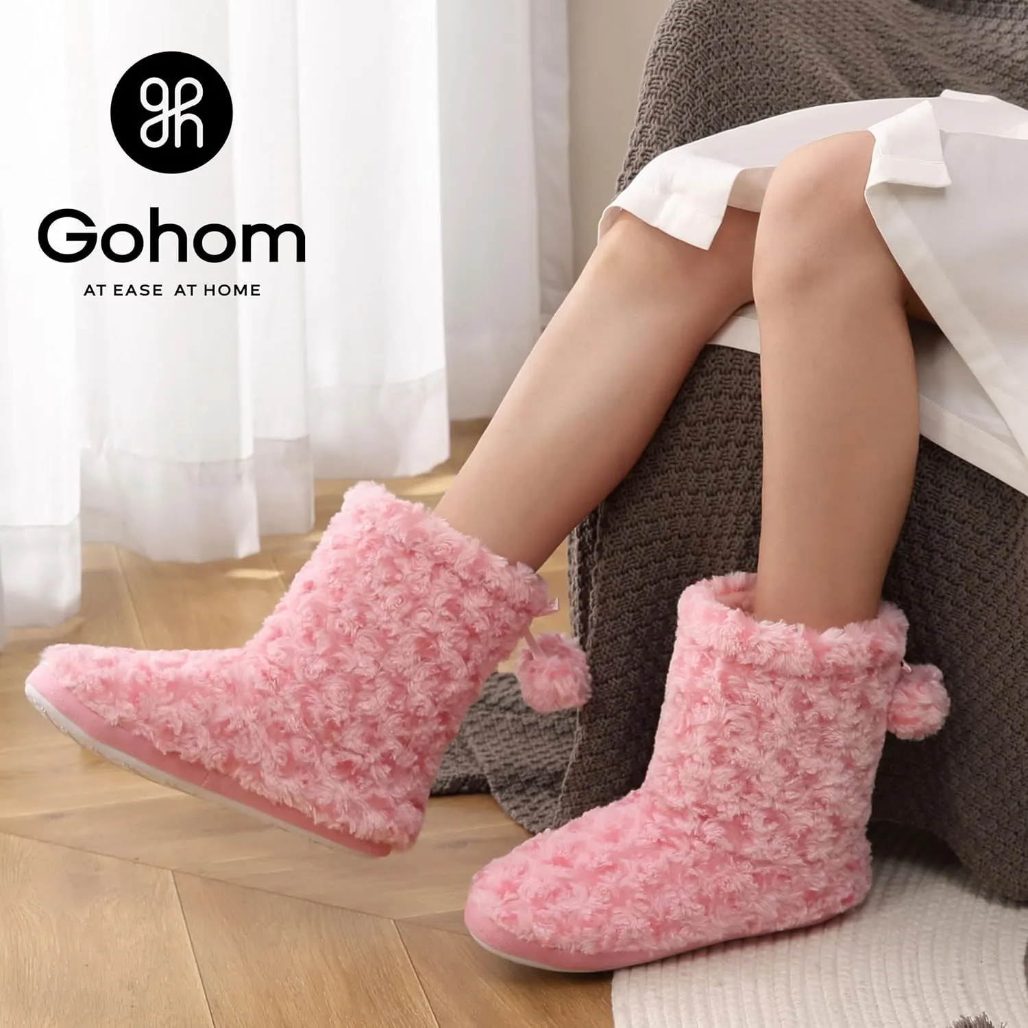 Women's Boots Slippers Fuzzy Warm Memory Foam Indoor House Shoes Booties Slippers with Non-slip Rubber Soles