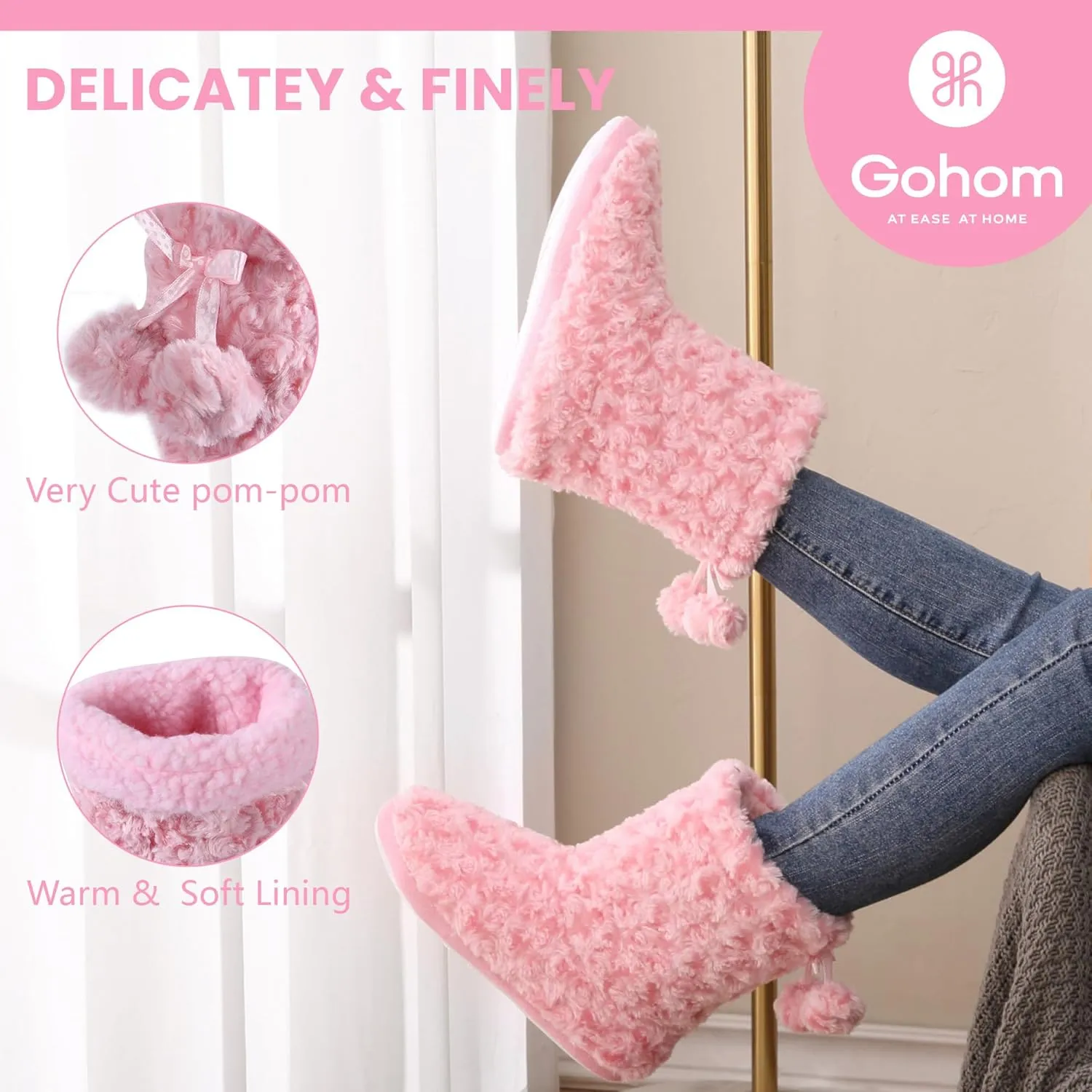 Women's Boots Slippers Fuzzy Warm Memory Foam Indoor House Shoes Booties Slippers with Non-slip Rubber Soles