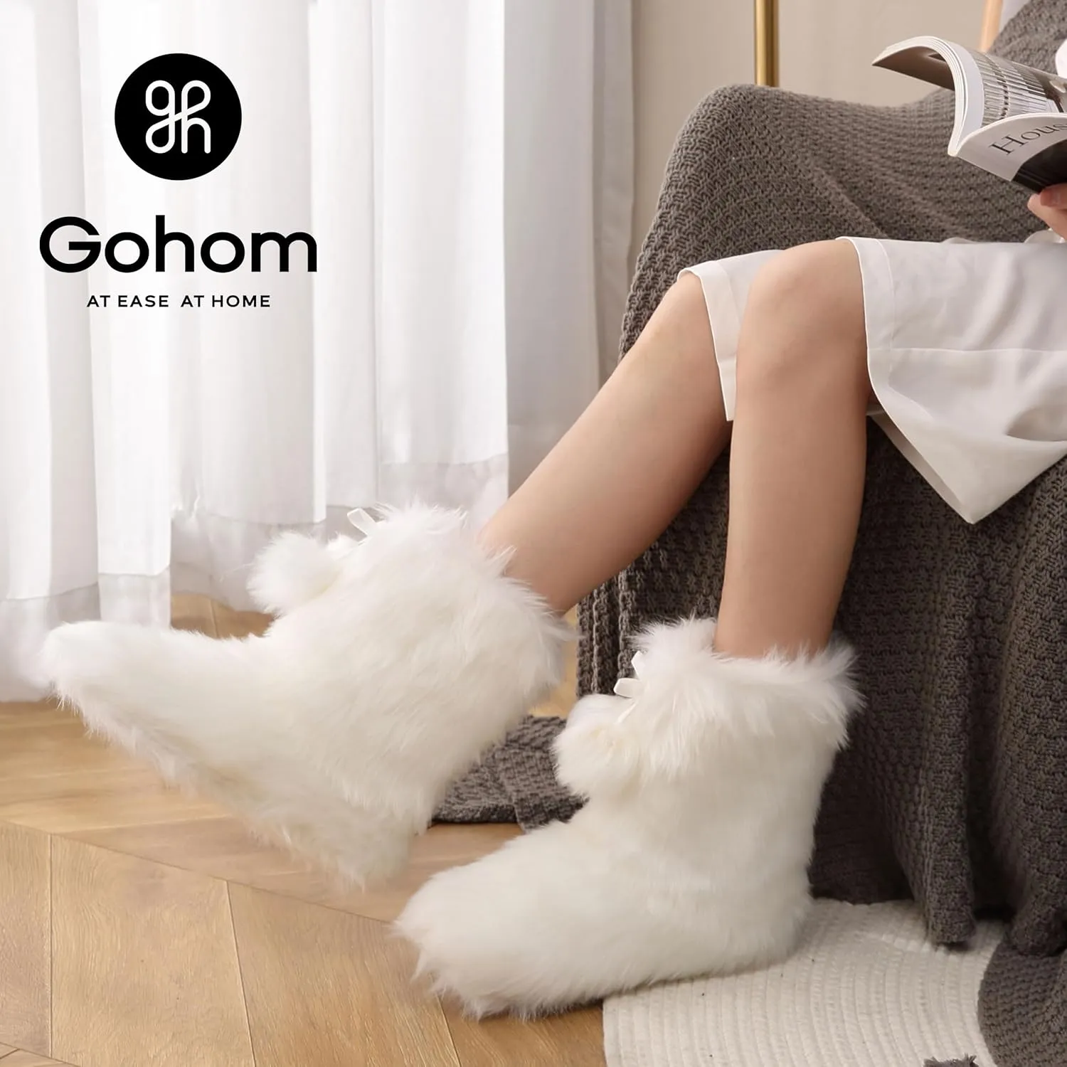 Women's Boots Slippers Fuzzy Warm Memory Foam Indoor House Shoes Booties Slippers with Non-slip Rubber Soles