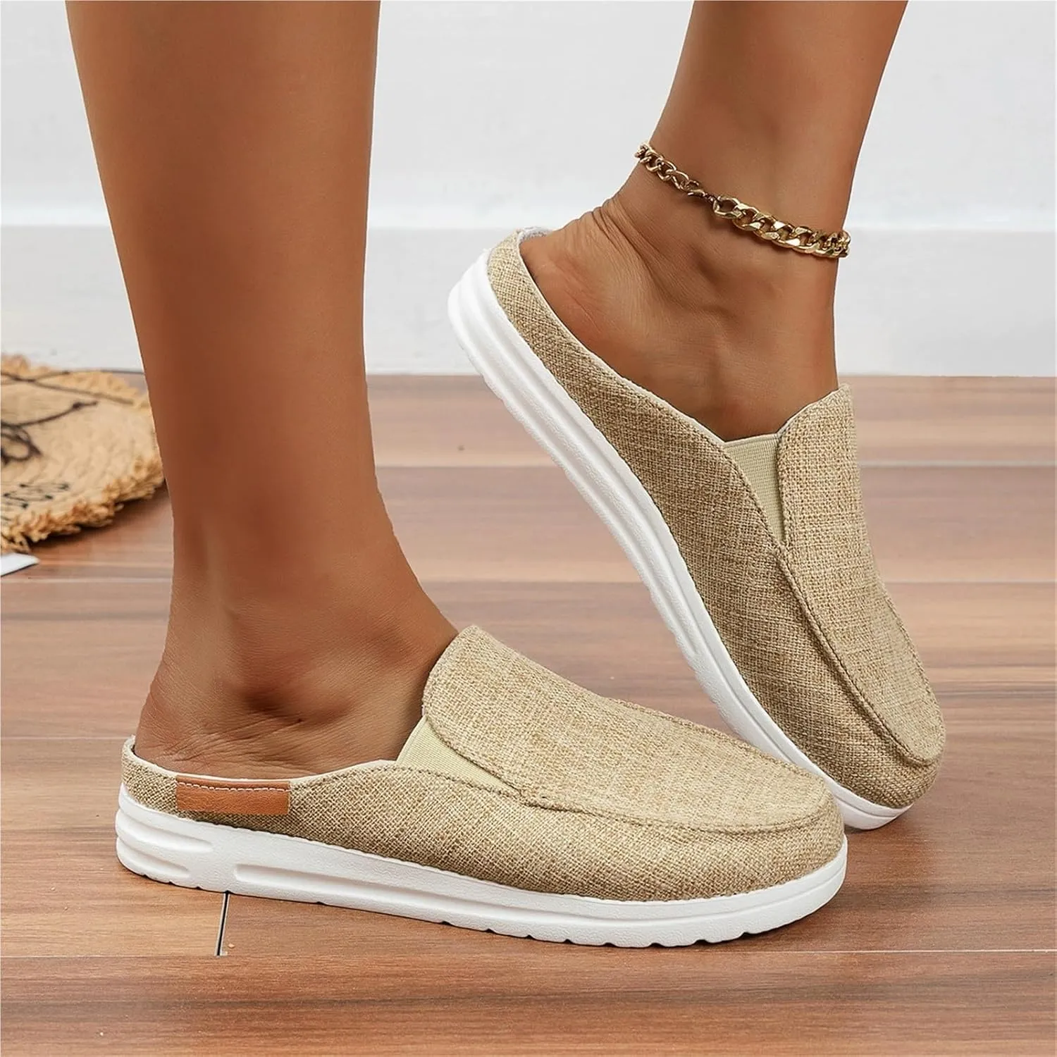 Womens Canvas Flat Mule Shoe, Summer Slip On Breathable Non-Slip Loafer, Memory Foam Lightweight Walking Work Driving Loafer