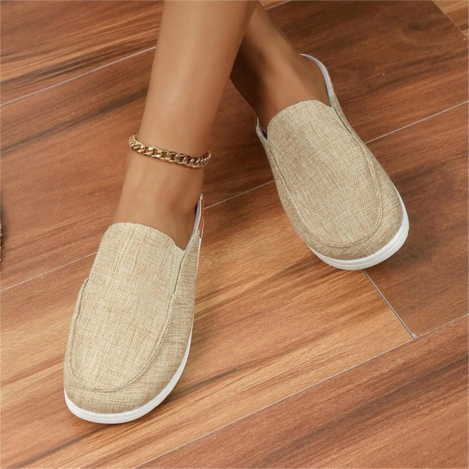 Womens Canvas Flat Mule Shoe, Summer Slip On Breathable Non-Slip Loafer, Memory Foam Lightweight Walking Work Driving Loafer